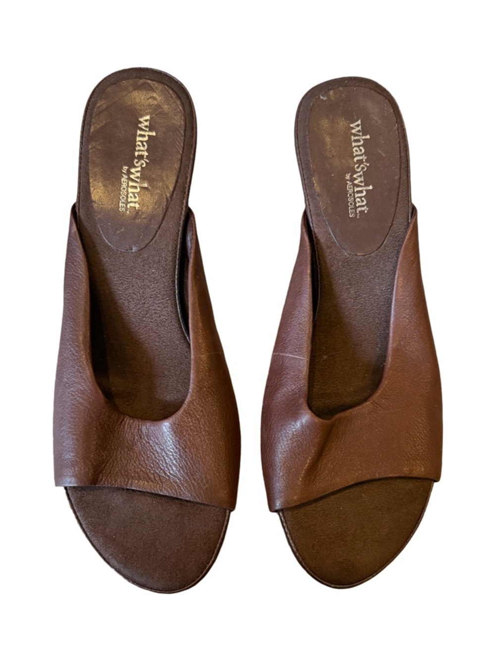 Aerosoles What’s What Brown Leather Open Toe Mule Slides Block Heel
